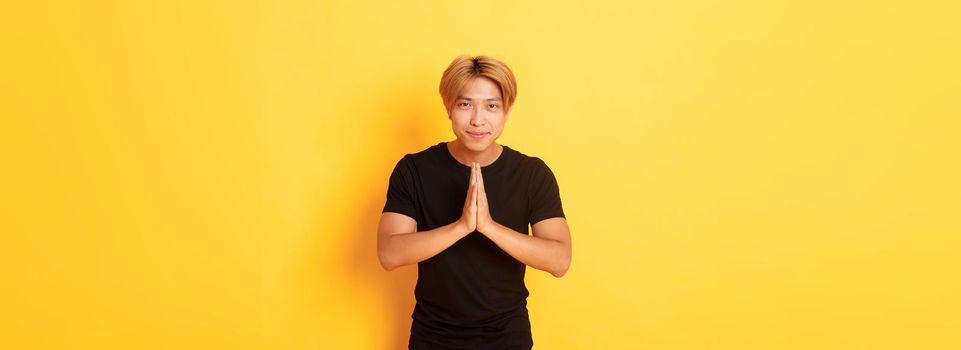Portrait of friendly and polite asian blond guy, clasp hands together in namaste gesture, bowing and greeting person, standing over yellow background.