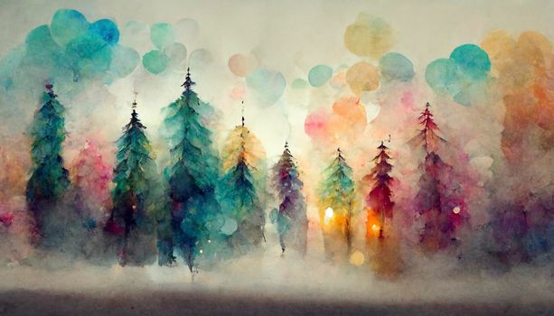 Lovely magic colored blurred foggy forest trees with illustrated abstract bokeh light