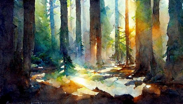 A fabulous watercolor ancient illustration of a tree of life with a bright aura. Magic fairy forest