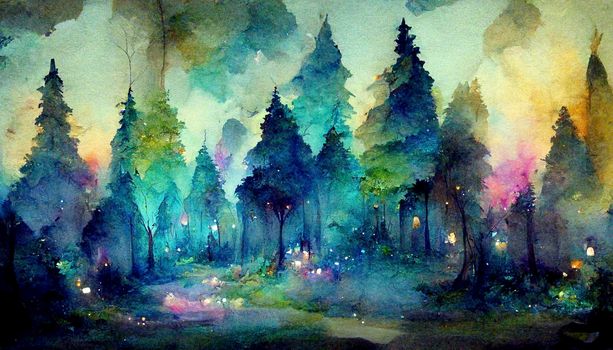 Lovely magic colored blurred foggy forest trees with illustrated abstract bokeh light