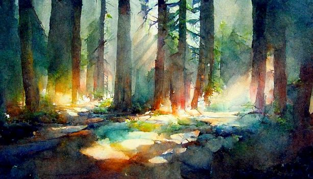 A fabulous watercolor ancient illustration of a tree of life with a bright aura. Magic fairy forest