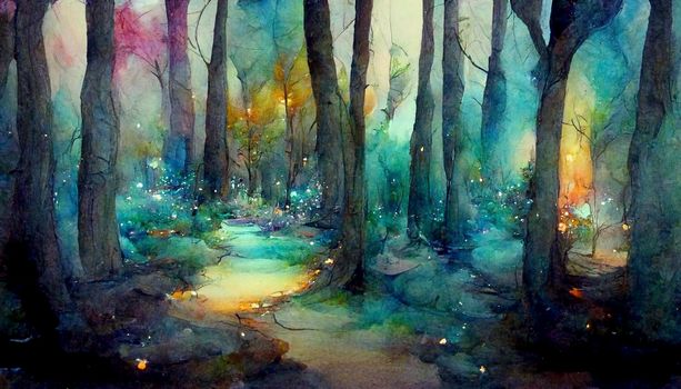 A fabulous watercolor ancient illustration of a tree of life with a bright aura. Magic fairy forest