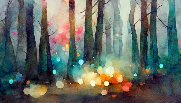 Lovely magic colored blurred foggy forest trees with illustrated abstract bokeh light