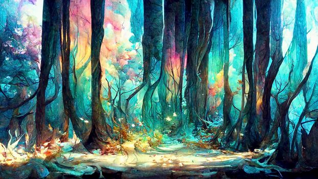A fabulous watercolor ancient illustration of a tree of life with a bright aura. Magic fairy forest