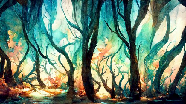 A fabulous watercolor ancient illustration of a tree of life with a bright aura. Magic fairy forest