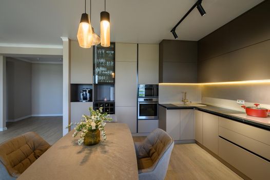 Large modern grey luxurious kitchen and dining room in studio apartment interior