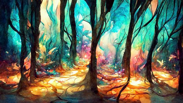 A fabulous watercolor ancient illustration of a tree of life with a bright aura. Magic fairy forest