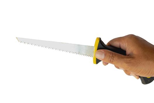 Small hand saw holding in hand on isolated white background