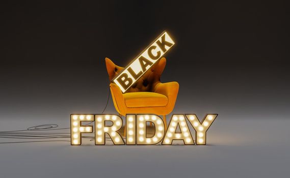 3D rendering of illuminated light bulb Black Friday sign and comfortable yellow armchair against gray background