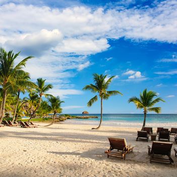 Tropical Paradise. Dominican Republic, Seychelles, Caribbean, Mauritius, Philippines, Bahamas. Relaxing on remote Paradise beach. Vintage.