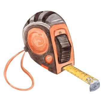 Watercolor orange construction roulette isolated on white background. Hand drawn orange measure tape illustration