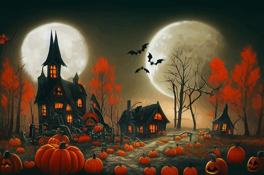 cemetery on halloween night with evil pumpkins, bats and in the background a haunted castle and the full moon. Halloween Banner illustration