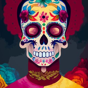 A colourful Traditional Calavera, sugar skull decorated with flowers for Day of the dead