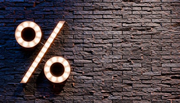 3D rendering of percent symbol with glowing light bulbs hanging on gray brick wall