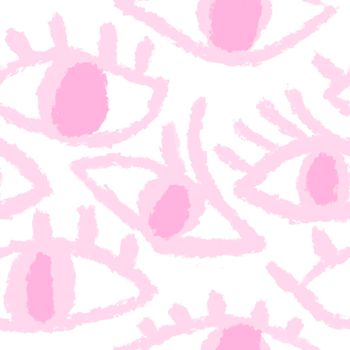 Seamless hand drawn pattern with pink evil third eye, traditional ethnic evil protection background. Pastel open eye eyelashes, boho bohemian trendy fabric print