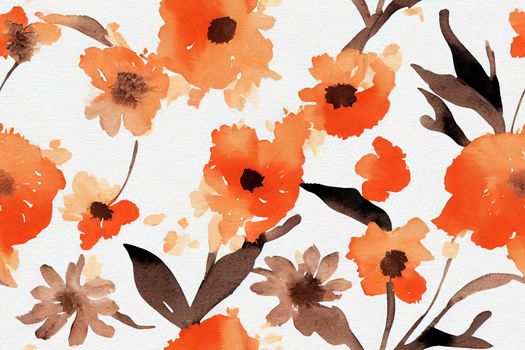 Watercolor floral seamless pattern with rust, burnt orange, grey and pastel flowers on white background. Beautiful botanical print. Fall themed design.