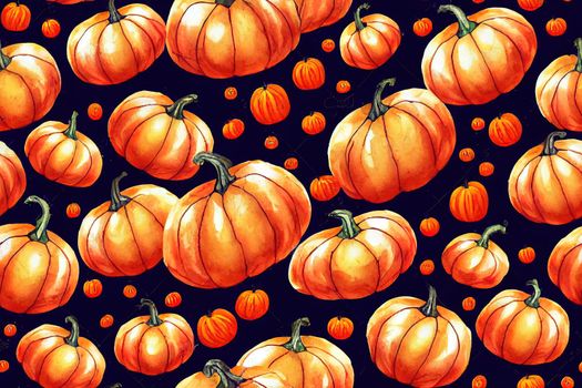 Seamless Halloween pattern. Scary Pumpkin Jack witches and ghosts. Happy spooky holiday. Hand drawn watercolor and pencils illustration on white background. Cartoon child character.