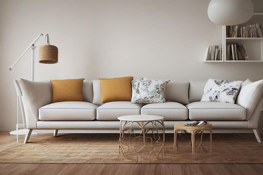 Vintage living room in white and beige tones closeup. Sofa, rattan table with autumn decors. vase with dry leaves and acorns. Boho chic design, fall interior concept, 3d illustration