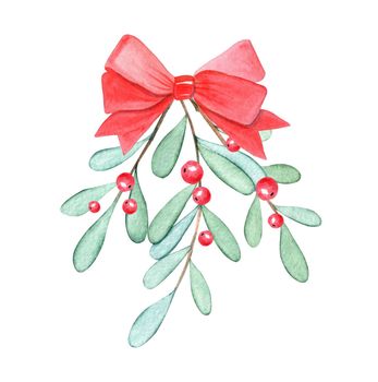 watercolor mistletoe branch with red ribbon isolated on white background