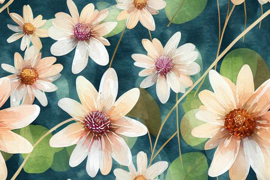 Watercolor autumn seamless pattern of aster, dahlia, rose, leaves and dry grass. Hand painted meadow flowers isolated on white background. Floral wild illustration for design, fabric or background.. High quality 2d illustration