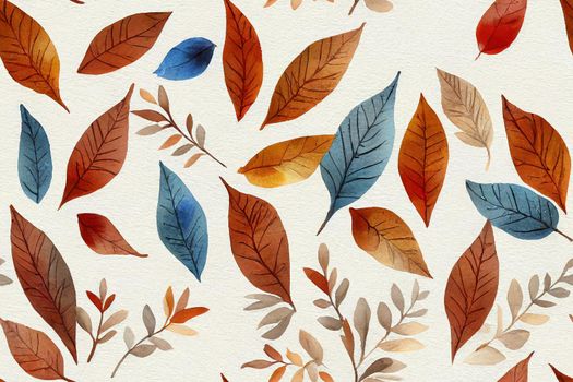 Watercolor seamless autumn pattern with coffee, leaves, cookies and chocolate on a gray blue background.
