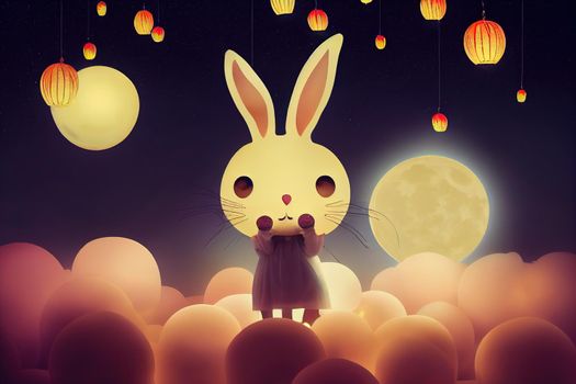 Happy Mid Autumn Festival Celebration Background With Full Moon, Cute Bunny Holding Illuminated Lantern.