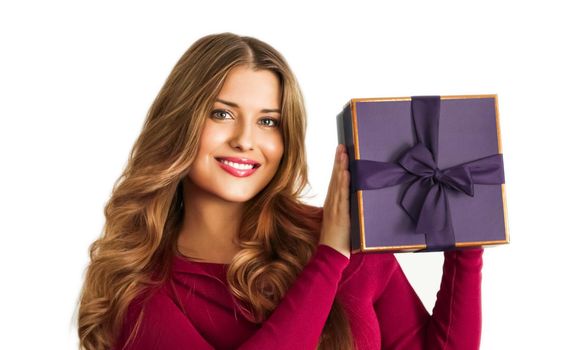 Birthday, Christmas or holiday present, happy woman holding a purple gift or luxury beauty box subscription delivery isolated on white background, portrait
