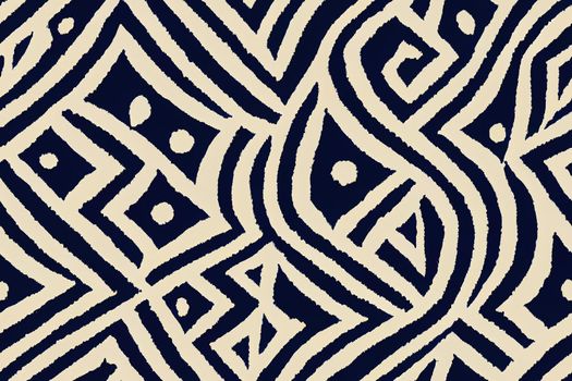 Seamless pattern Tribal Art Ikat Ogee in traditional classic blue and white colors. Boho style.