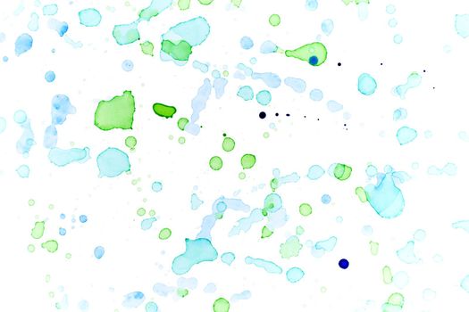 Abstract watercolor light blue and green drops and blobs background