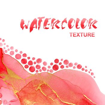 Watercolor red waves, swirls and drops with golden layers.