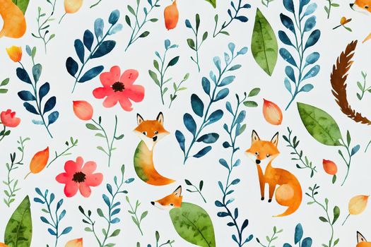 Cute watercolor animals on floral background. Detailed seamless pattern with little fawn, sleeping fox, birds, flowers, petals, leaves, natural elements. Hand painted illustration for nursery design