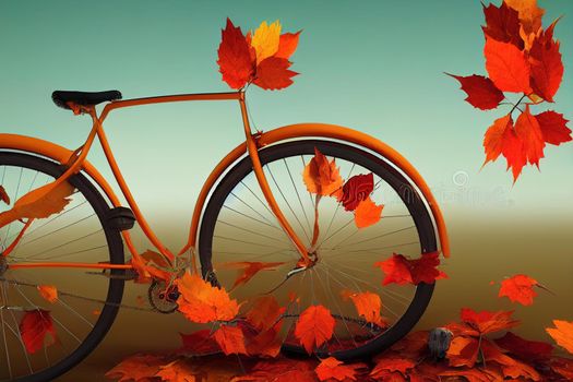 Orange bicycle arriving with falling dry leaves on green background. Autumn is coming concept image 3D Rendering, 3D Illustration