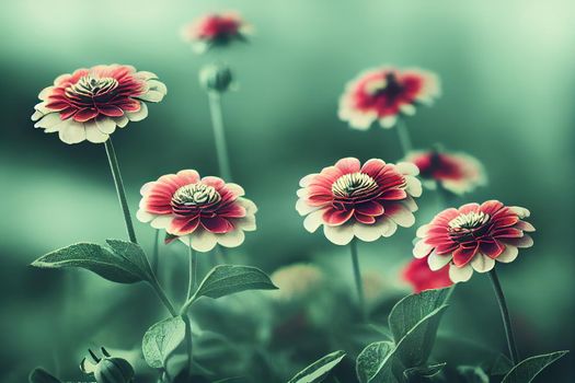 Beautiful fairy dreamy magic red and white zinnia flowers with dark green leaves, retro vintage style, soft selective focus, blurry background, copyspace for text