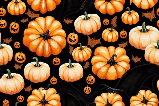 Halloween seamless pattern. Watercolor repeating texture with ghost, pumpkins, garland, witch hat, bat, poisons. Witch wallpaper design
