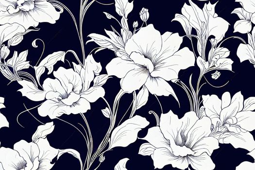 Floral Seamless pattern, background In art nouveau style, vintage, old, retro style. Black and white graphics illustration..