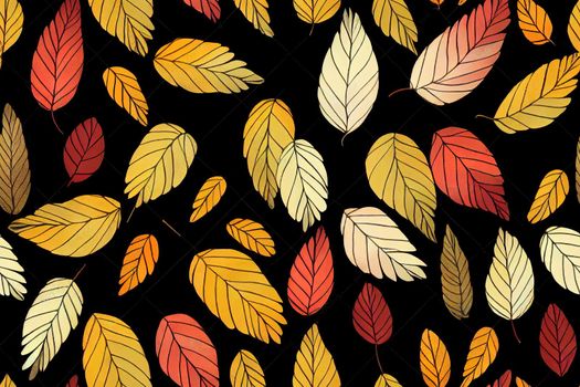 Seamless pattern with autumn leaves on a dark background, hand drawn in watercolor.
