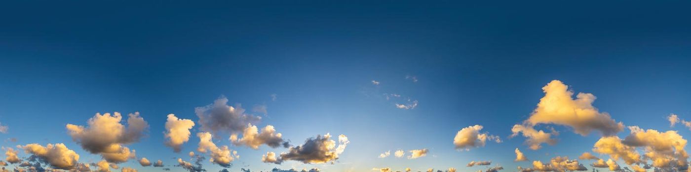 Sky panorama with Cirrus clouds in Seamless spherical equirectangular format. Full zenith for use in 3D graphics, game and editing aerial drone 360 degree panoramas for sky replacement