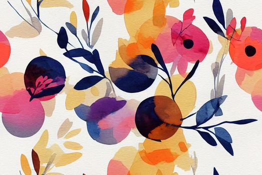 Abstract floral and geometric seamless pattern. Watercolor flowers and leaves, circle shapes filled with watercolour, minimal doodle textures on background. Hand painted illustration, fall design