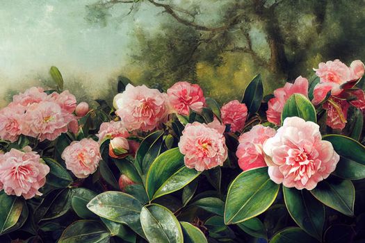 charming camellias in the park at spring. High quality illustration