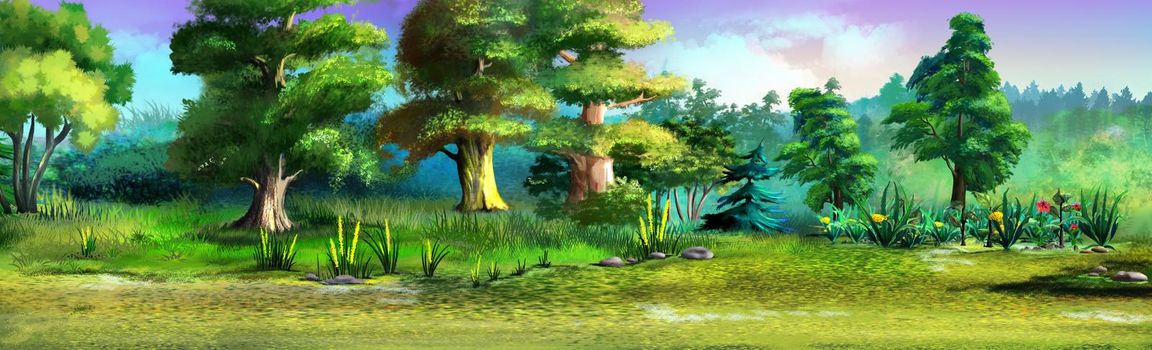 Forest edge on a summer day. Digital Painting Background, Illustration.