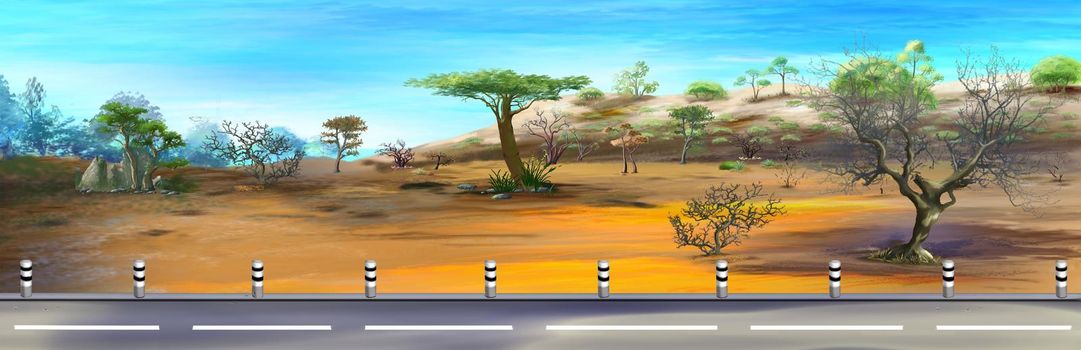 Asphalt highway in the savannah on a sunny day. Digital Painting Background, Illustration.