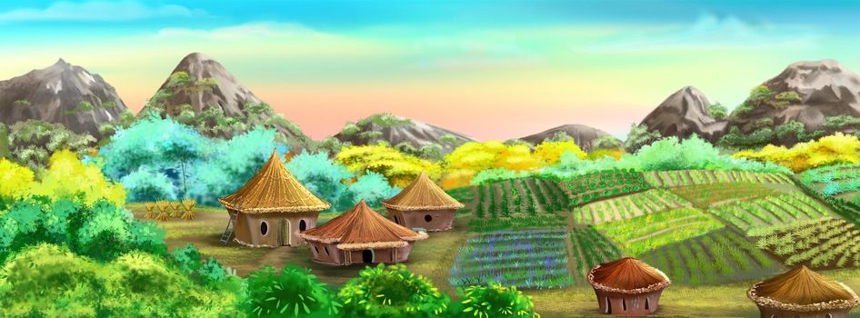Fairy tale hobbit village on a sunny summer day. Digital Painting Background, Illustration.