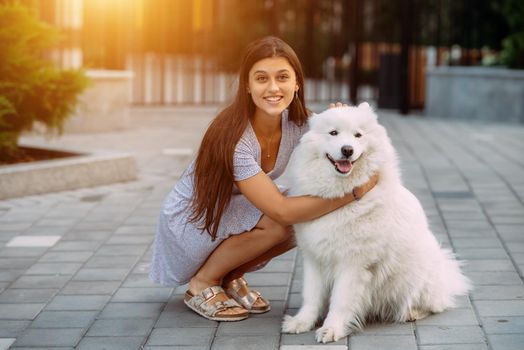 A young woman hugs a big dog at sunset in summer
