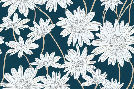 Set of simple floral seamless patterns. Daisy flowers collection in blue color. Sketch flat drawing. Botanical collage in modern trendy style.