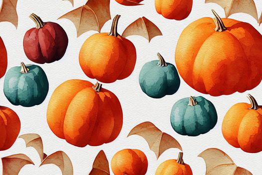 seamless watercolor pattern with isolated pumpkins and cartoon bats on the white background