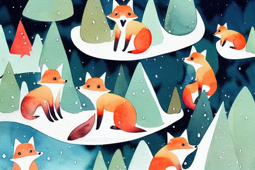 Cute foxes in the winter forest. Childish watercolor illustration with foxes, trees, clouds.