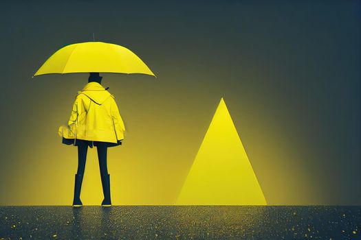 rainy autumn. umbrella and rubber boots on yellow color against a yellow background with place for text. 3d render. 3d illustration