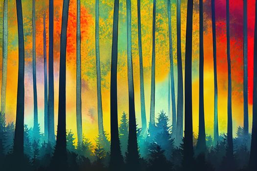 Abstract background with forest with picturesque trees, watercolor brush. Bright autumn colors. 3D illustration