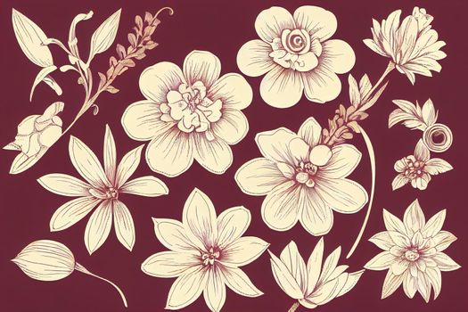 Floral vintage elements. Enchanted Vintage Flowers. Arts and Crafts movement inspired. High quality illustration