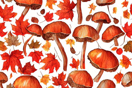 Maple leaves, aspen leaves, porcini mushrooms on white background, seamless watercolor pattern of autumn colorful leaves, floral illustration.